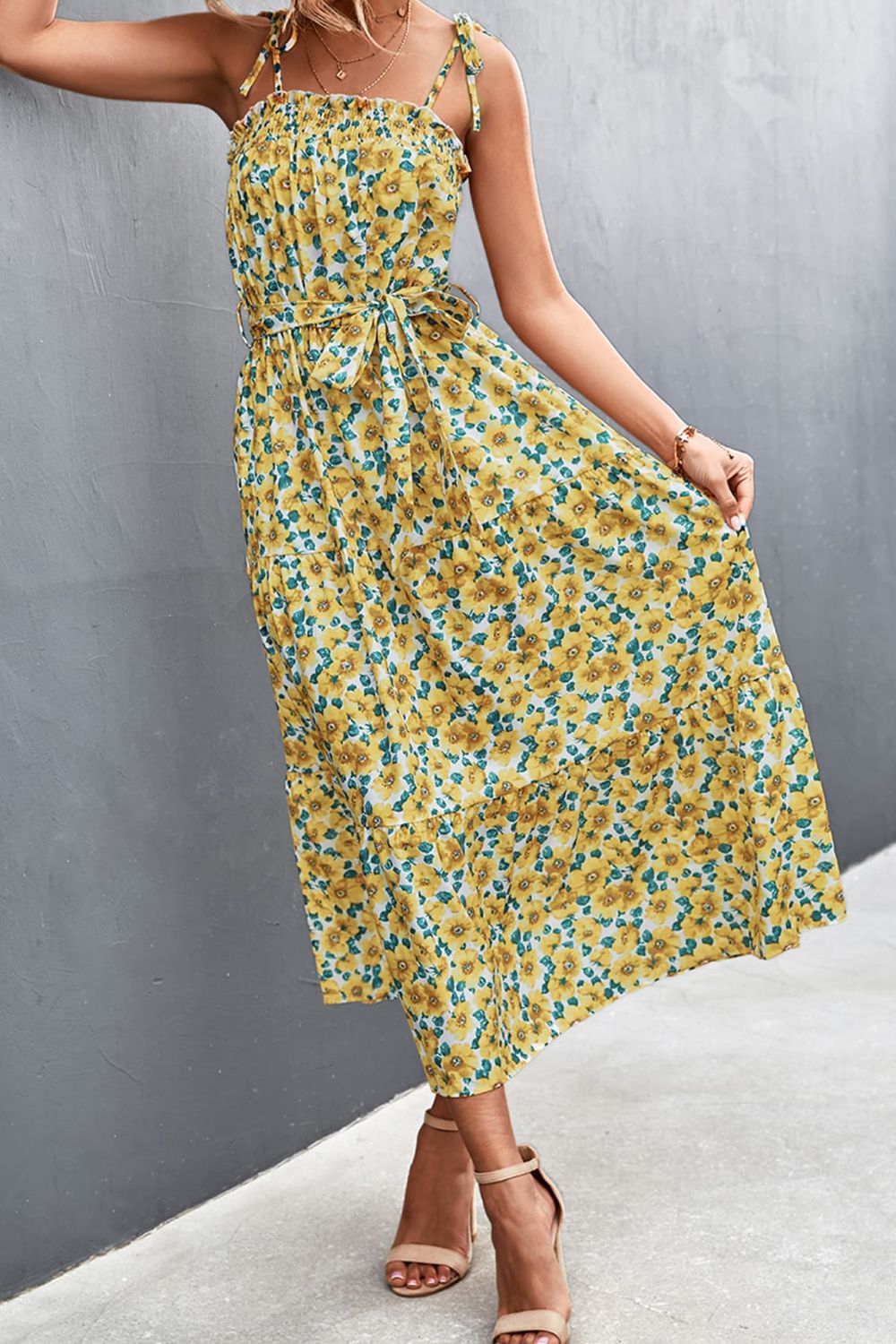 Floral Tie-Shoulder Belted Dress - Chartreuse - View 5
