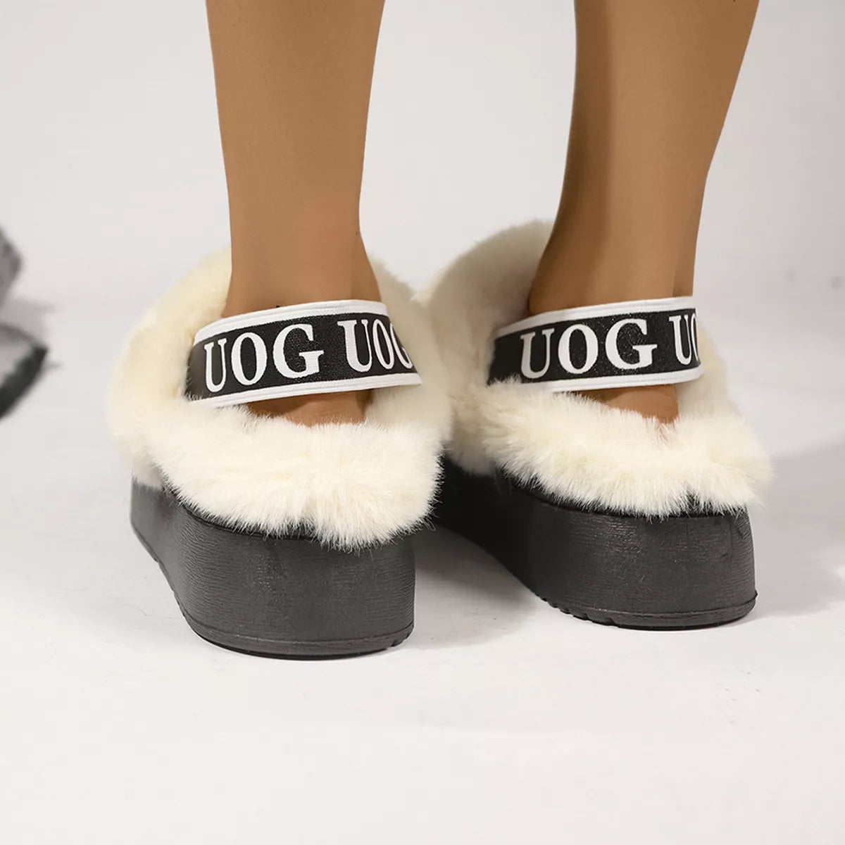 Round Toe Fur Trim Platform Slippers - Black - View 18