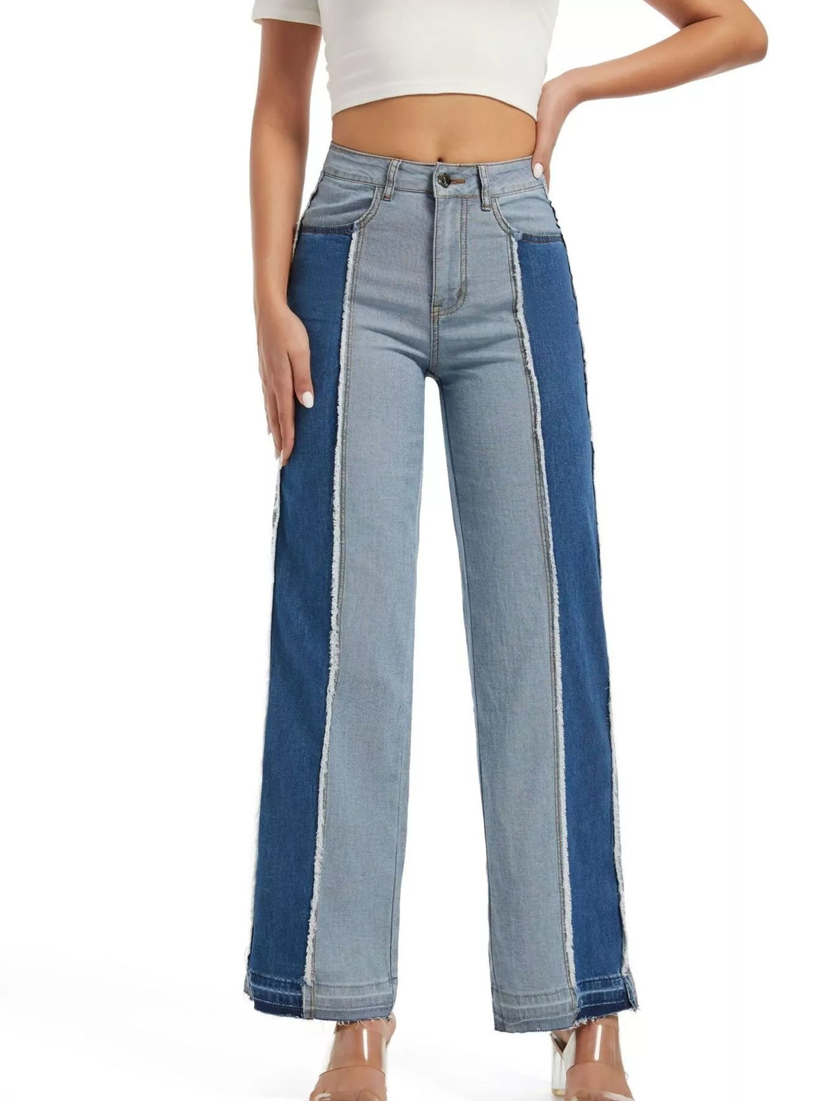 High-Waisted Two Tone Jeans - Blue - View 2