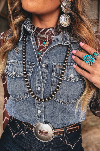 Ashleigh Blue Solid Denim Button Front Pocket Sleeveless Cowboy Vest