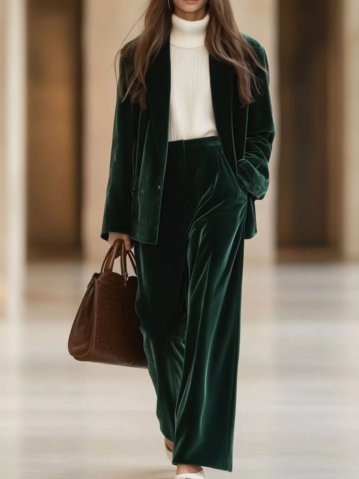 Velvet Blazer and Wide-Leg Pants Two-Piece Set - Black Forest - View 3