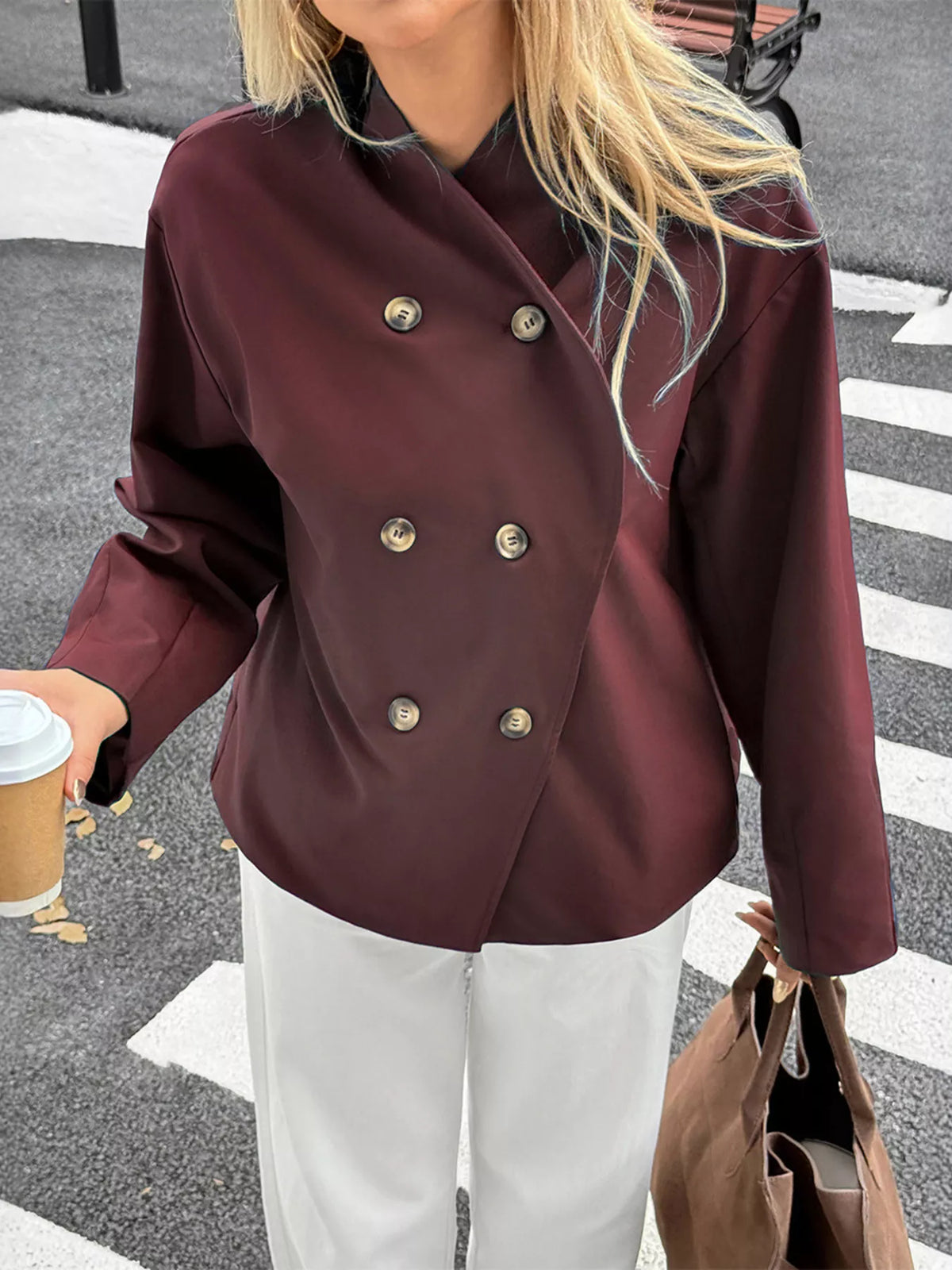 Double-Breasted Long Sleeve Jacket - Burgundy - View 7