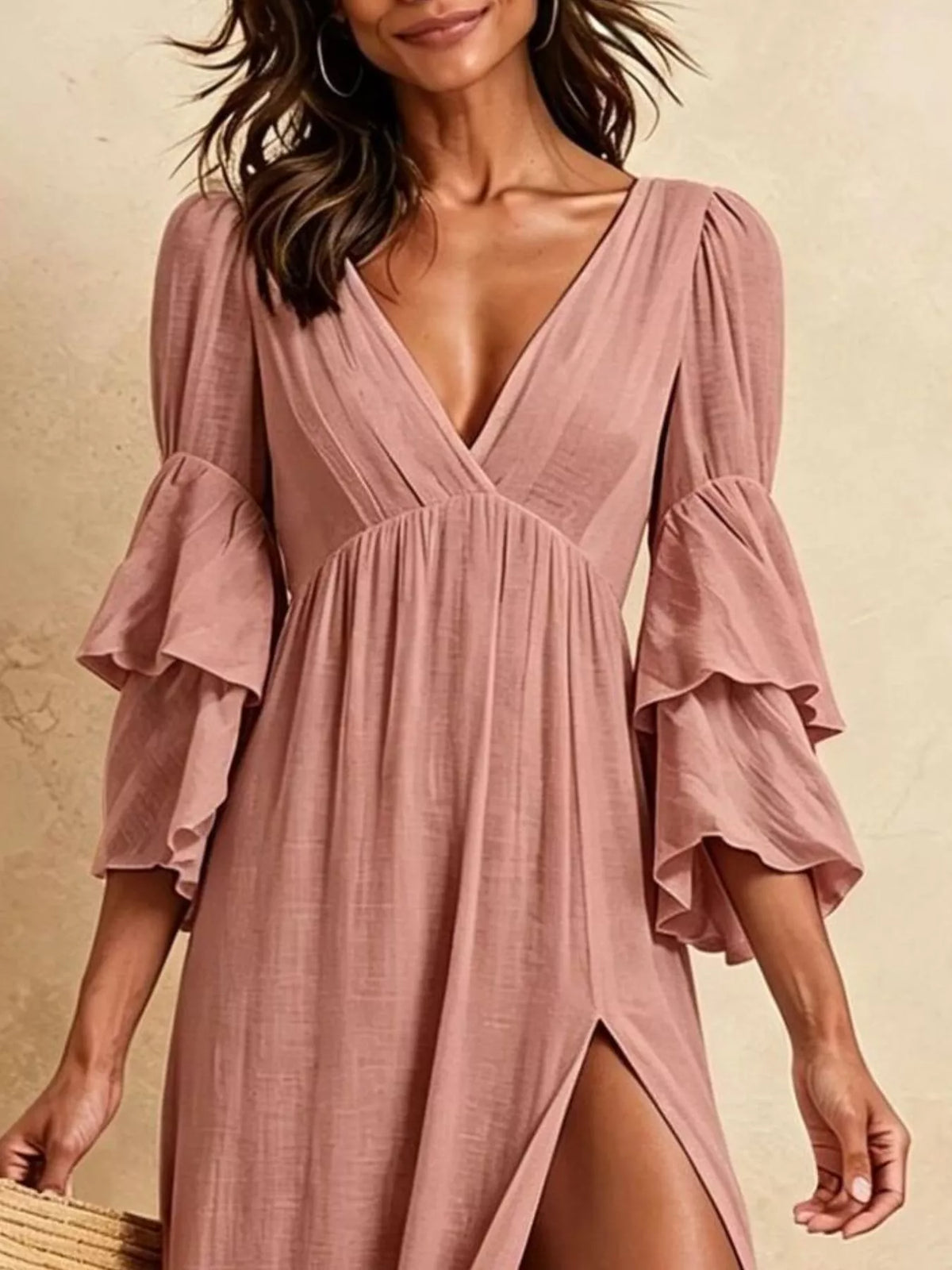 Tiered Ruffle Sleeves High Slit V-Neck Maxi Dress - Black - View 3