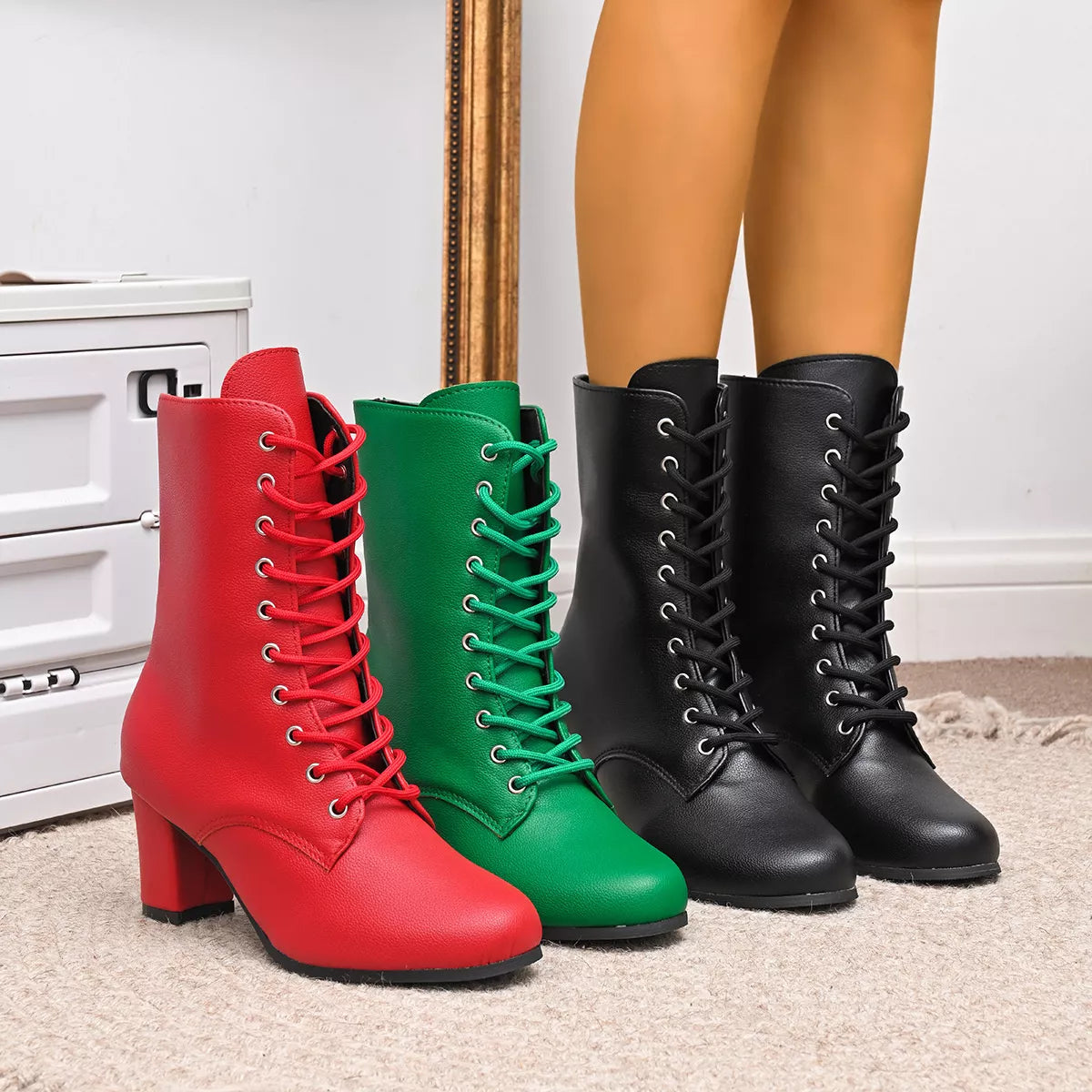 Round Toe Block Heels Boots - Color comparison - View 1