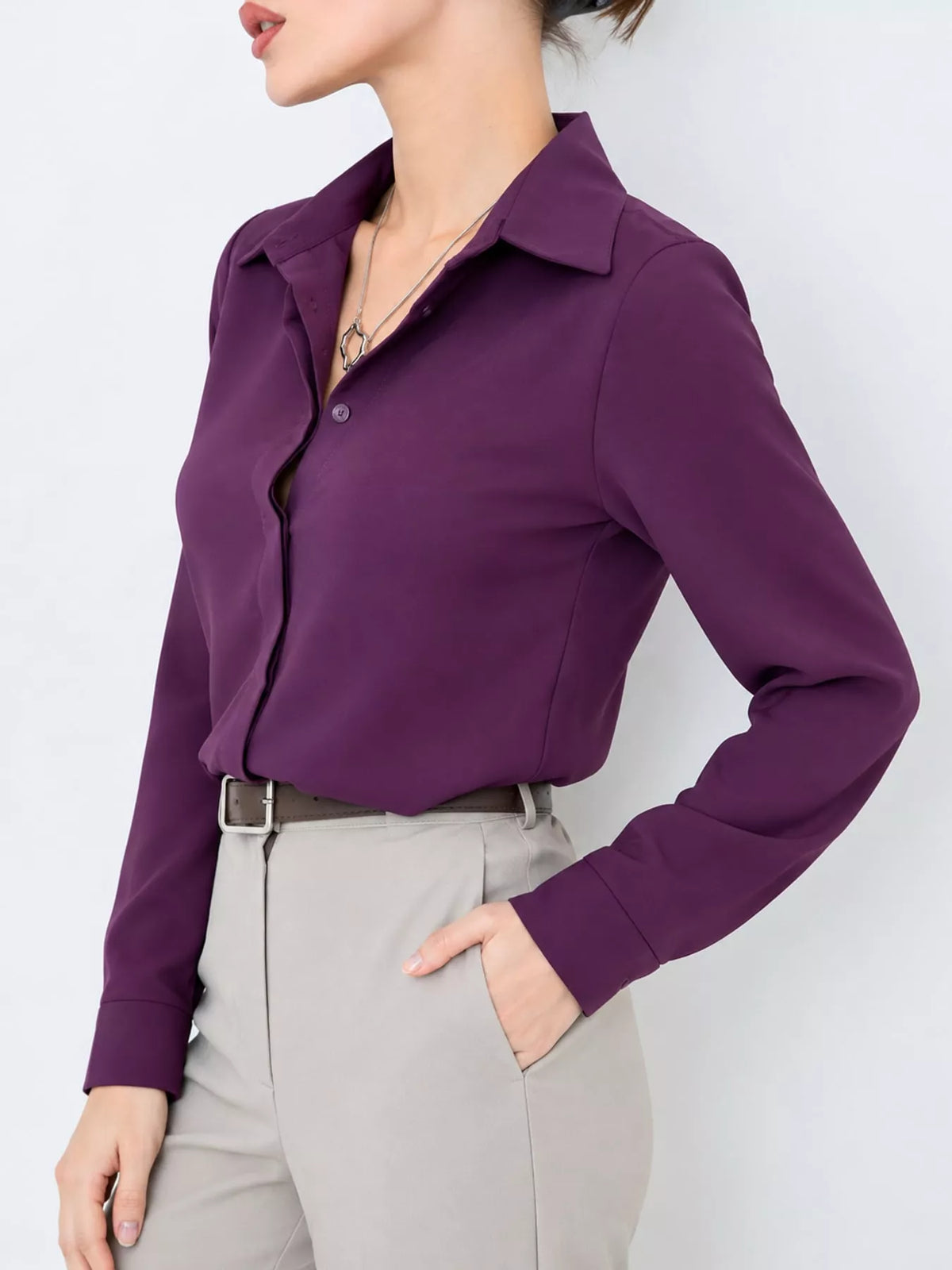 Button Up Long-Sleeve Shirt - Purple - View 92