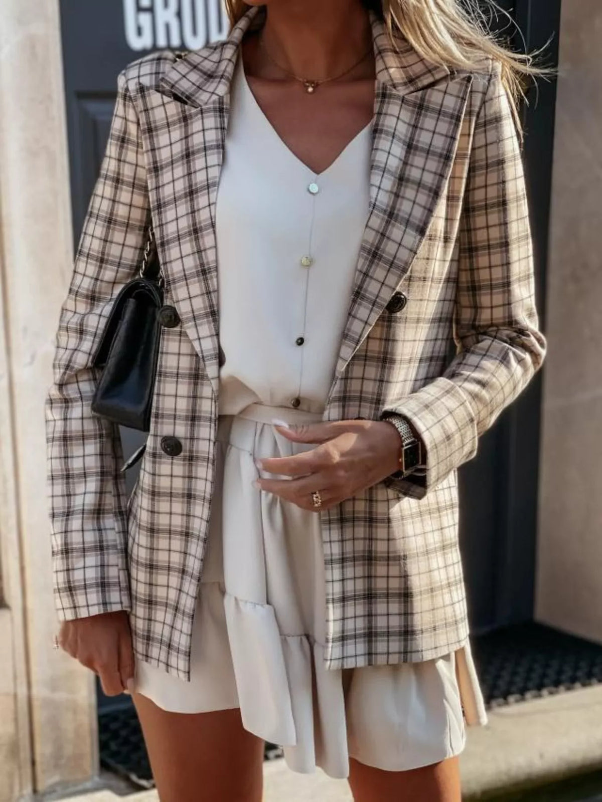 Double-Breasted Blazer - Khaki - View 9