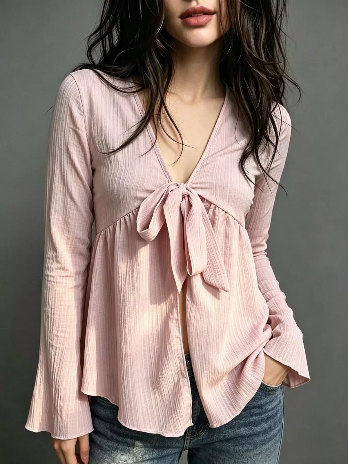 Tie-Front Flare Sleeve Blouse - Pink - View 1