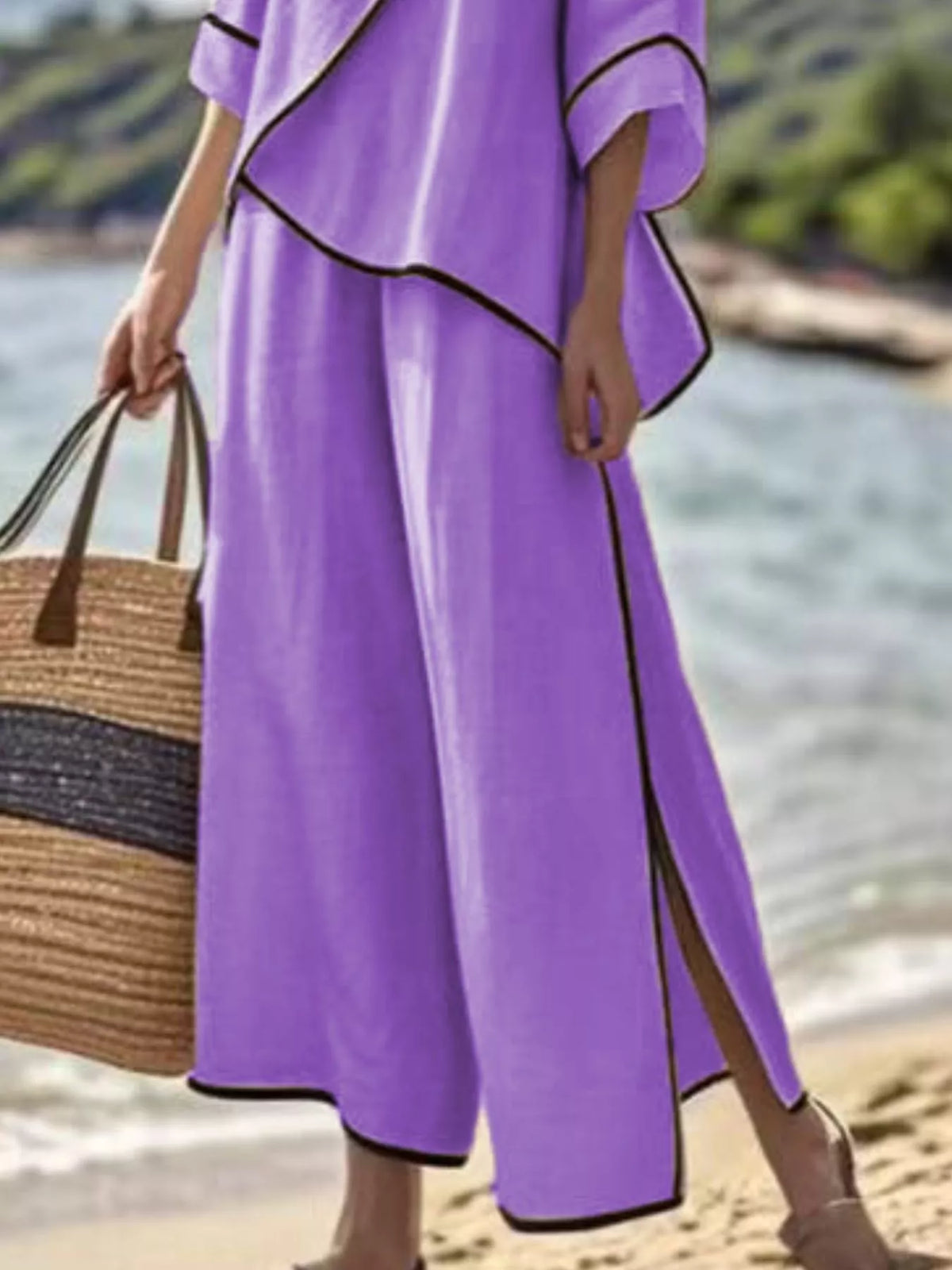 Full Size Contrast Trim Top and Wide Leg Pants Set Plus Size - Purple - View 3