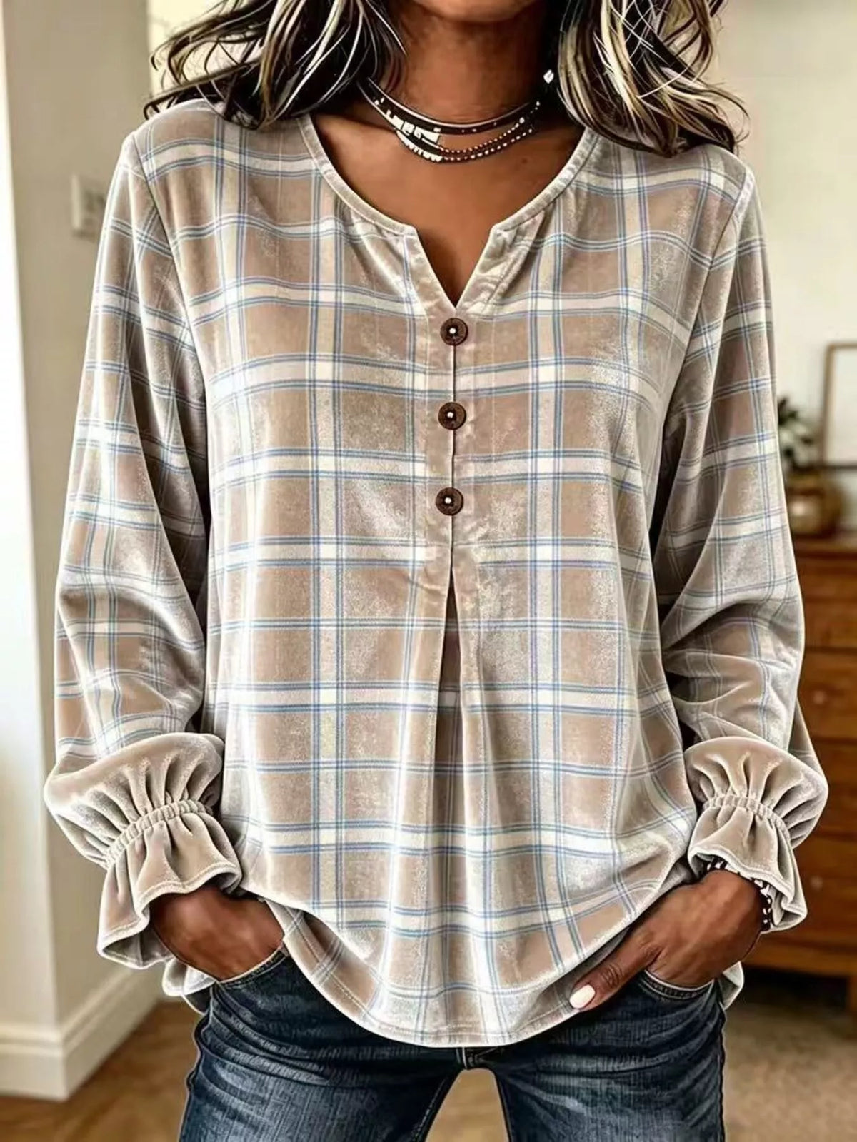 Full Size Plaid Velvet Flounce Sleeve Blouse Plus Size - Mocha - View 1