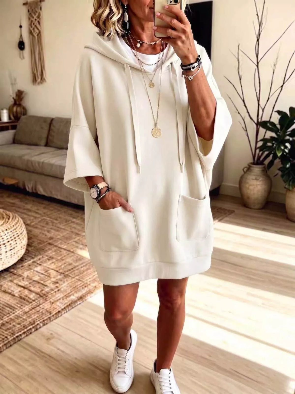 Full Size Drawstring Oversized Front Pockets Oversized Hoodie Plus Size - Beige - View 1