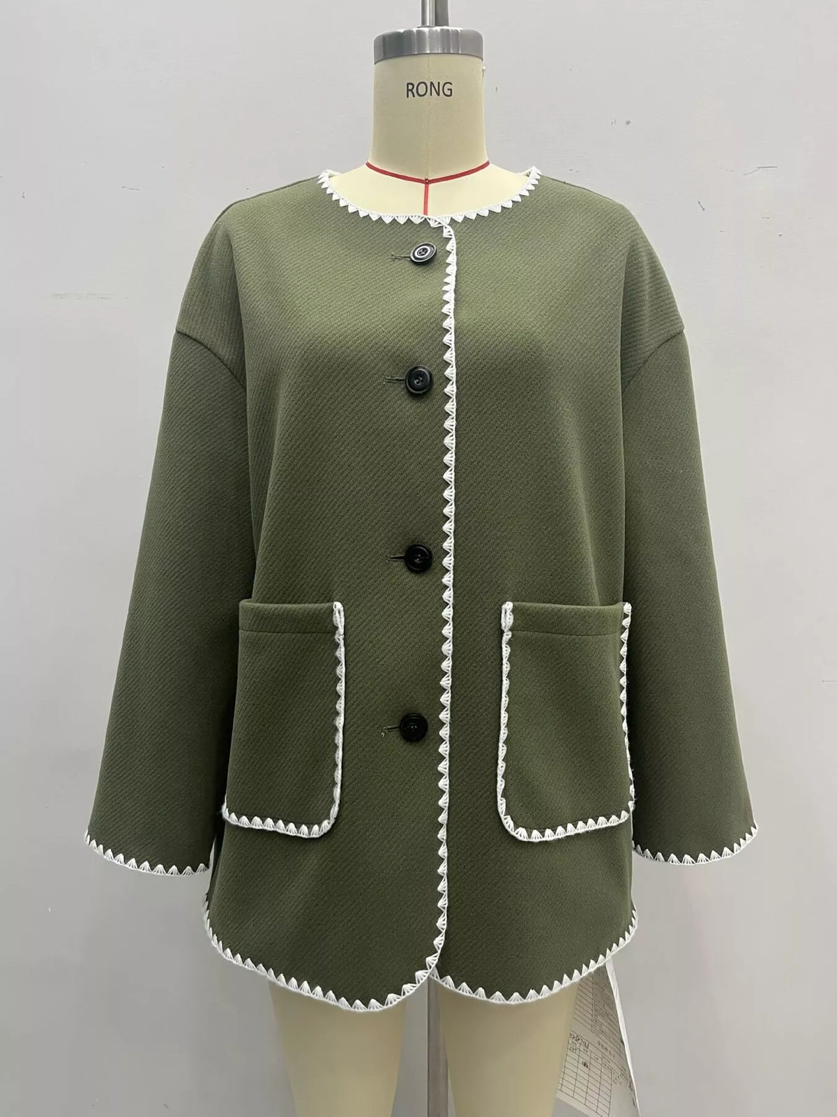 Contrast Trim Button-Front Outerwear - Army Green - View 6
