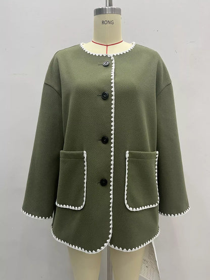 Contrast Trim Button-Front Outerwear - Army Green - View 6