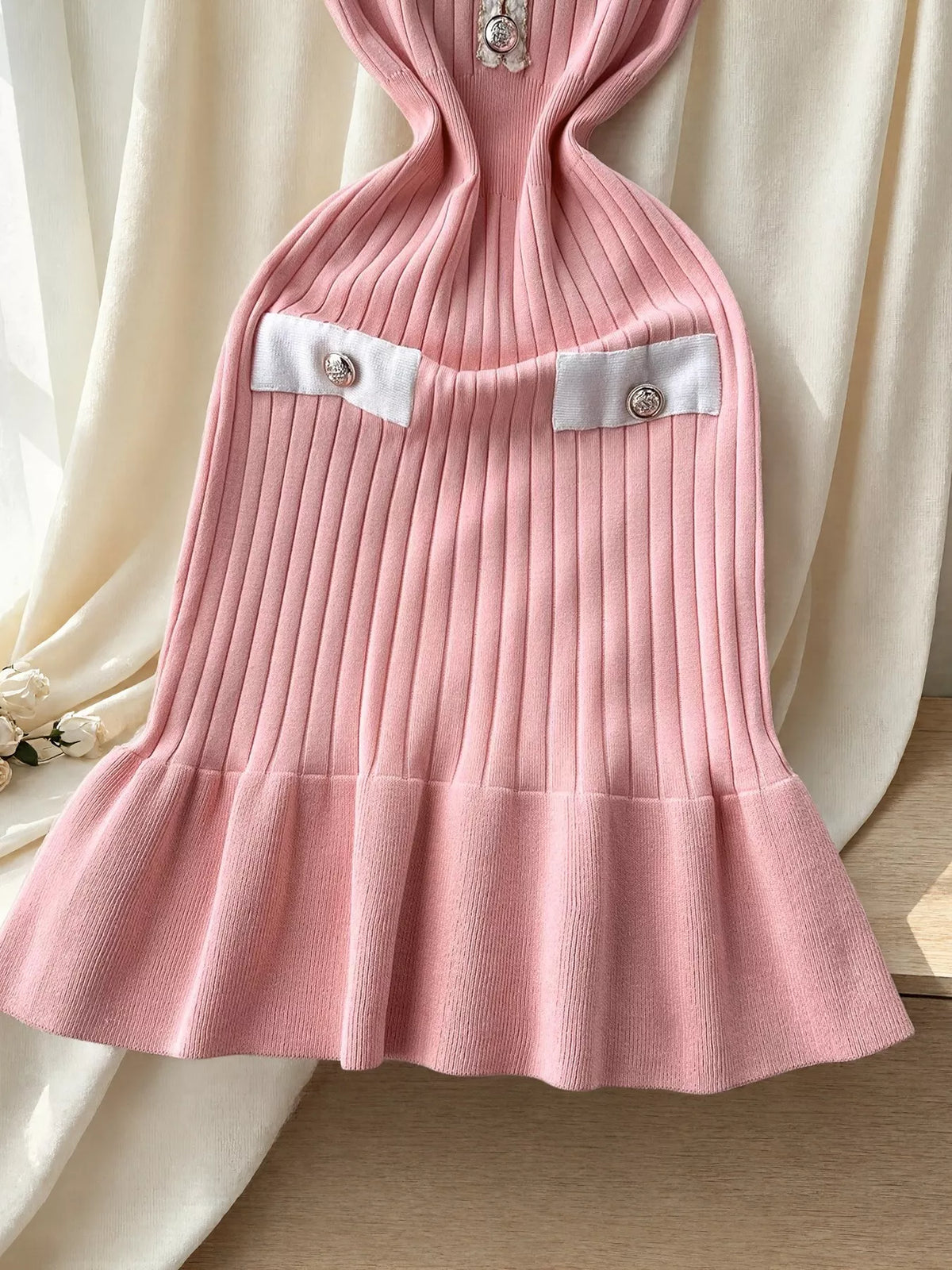 Ruffled Hem V-Neck Ribbed Knit Dress - Pink - View 2