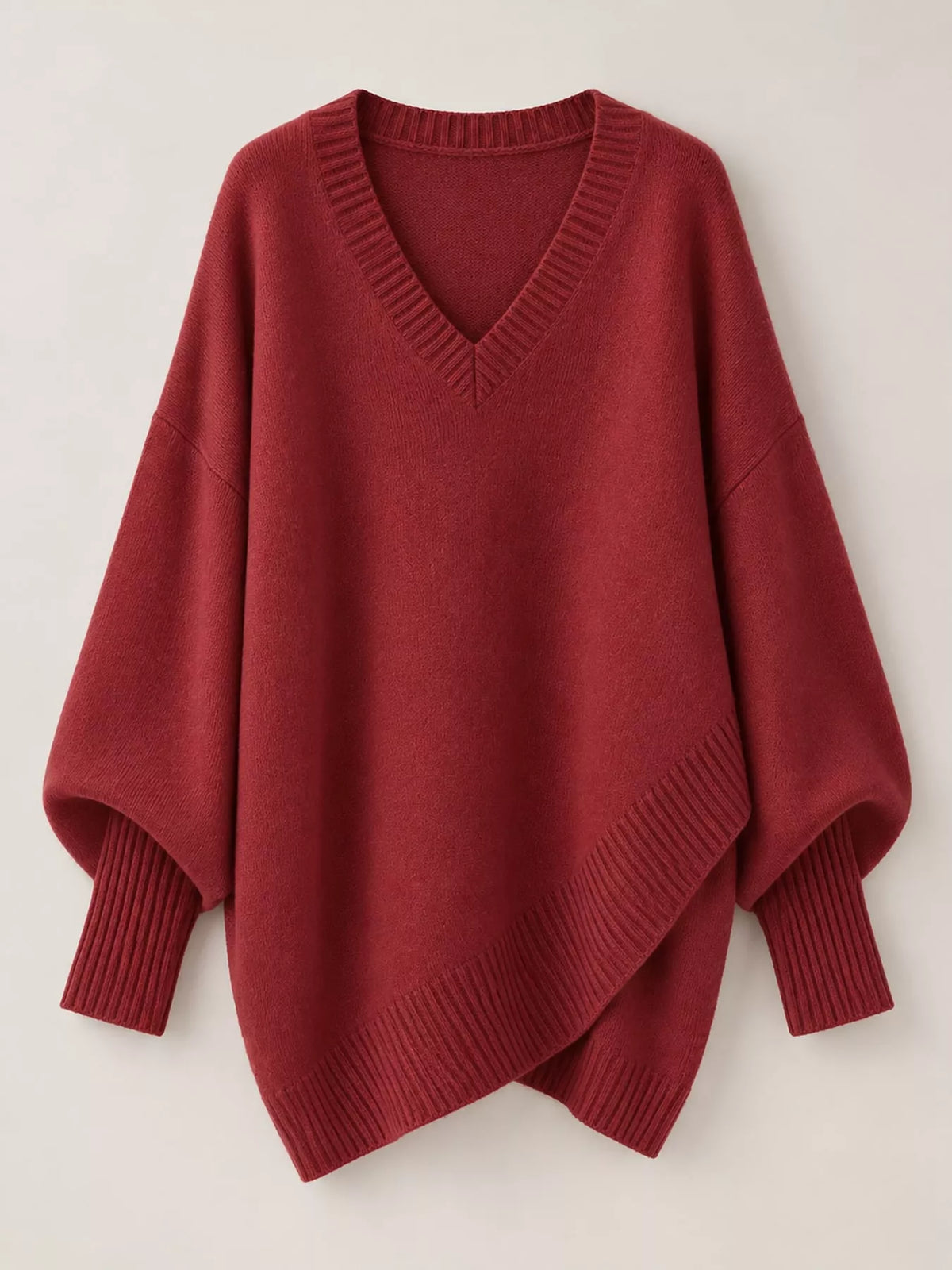 Full Size V-Neck Oversized Batwing Sleeve Sweater Plus Size - Red - View 4