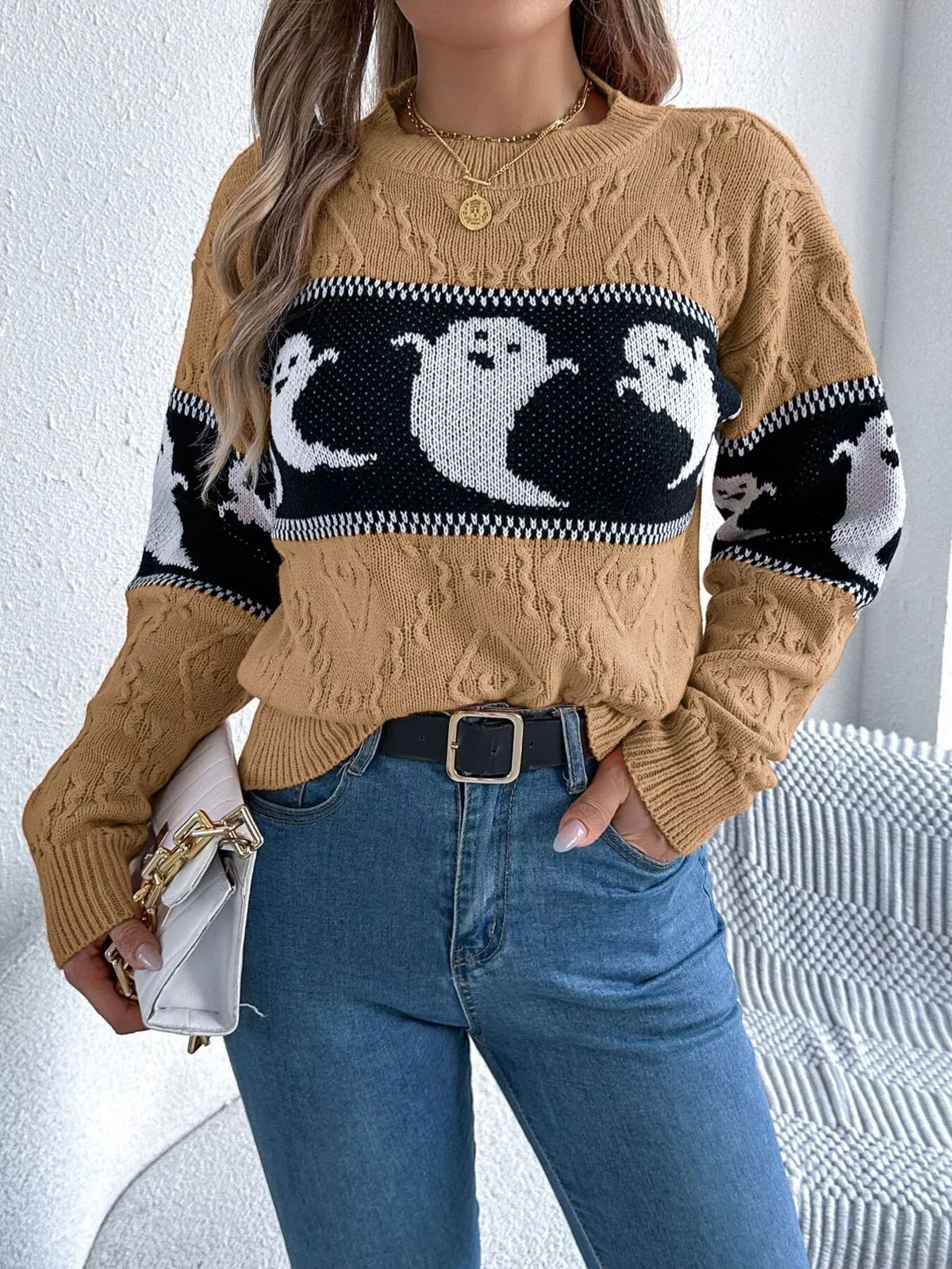 Halloween Ghost Pattern Textured Sweater - Camel - View 2