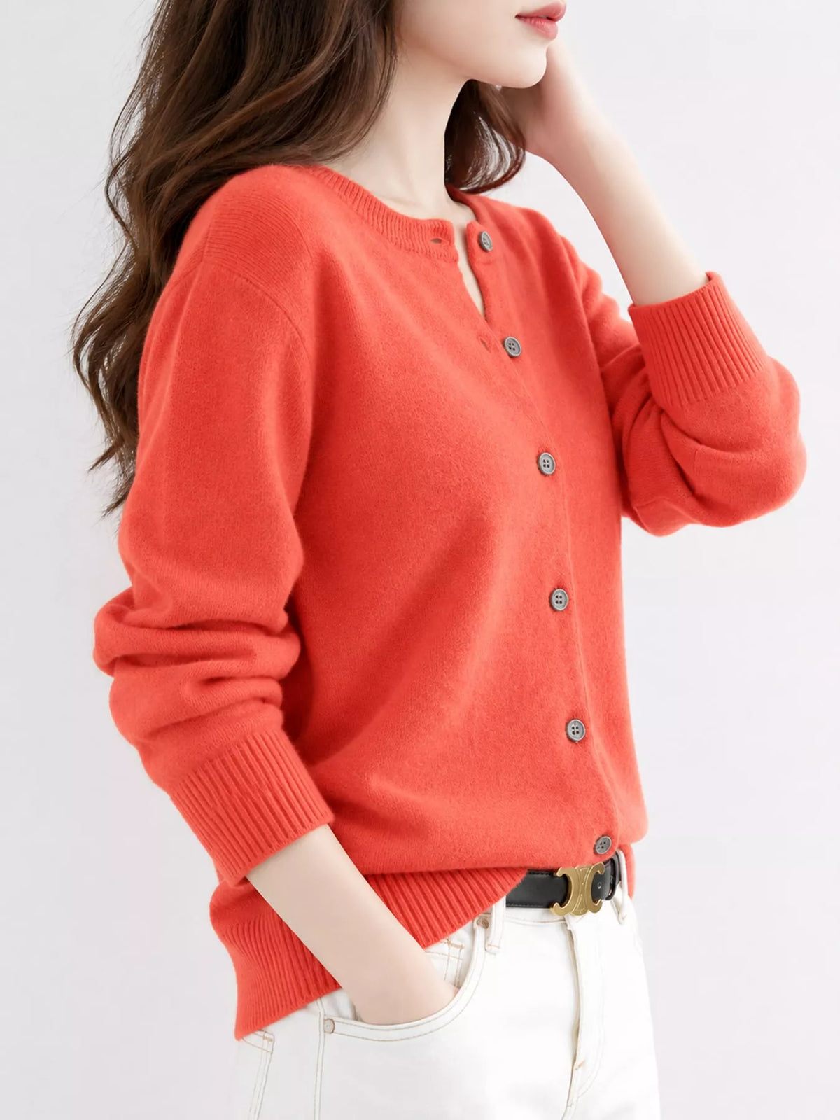 Crew-Neck Button-Down Cardigan - Orange Red - View 35