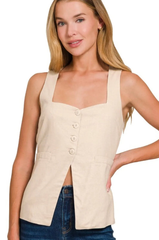 Zenana Linen Tie-back 4-button Vest with Lining - SAND BEIGE - View 1