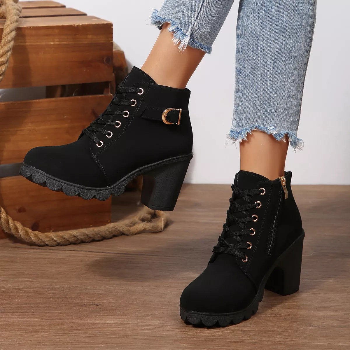 Lace Up Block Heels Boots - Black - View 1