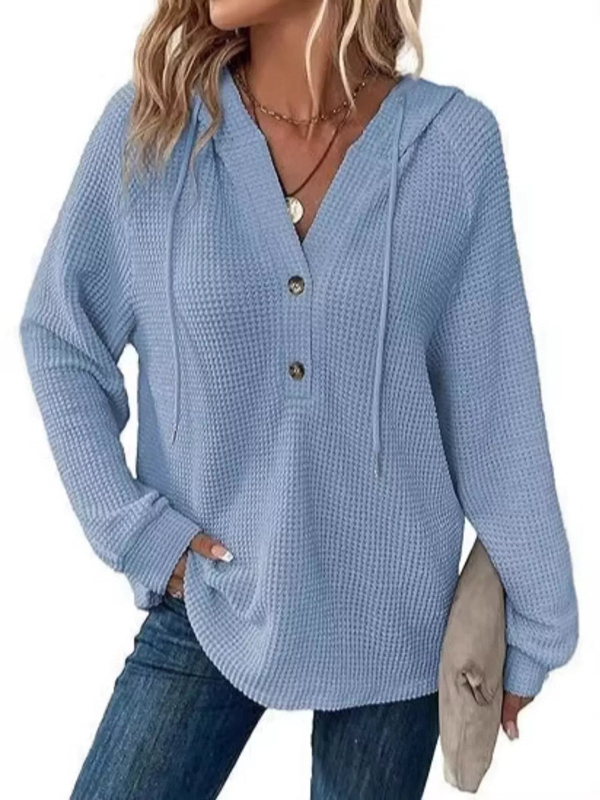 Full Size Waffle Knit Half-Button Hoodie Plus Size - Light Blue - View 12