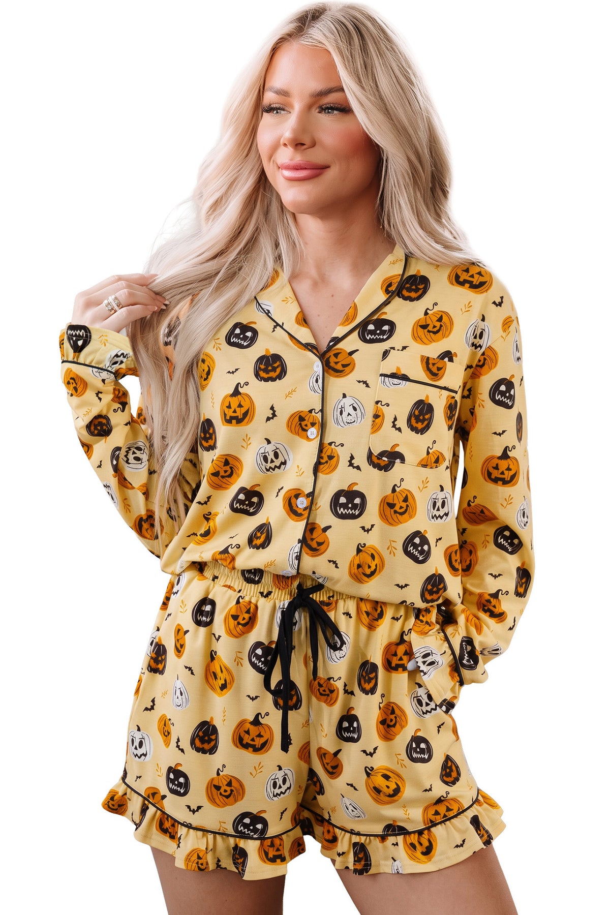 Orange Long Sleeve Ruffle Pumpkin Face Print Two Piece Lounge Set - product photo 18