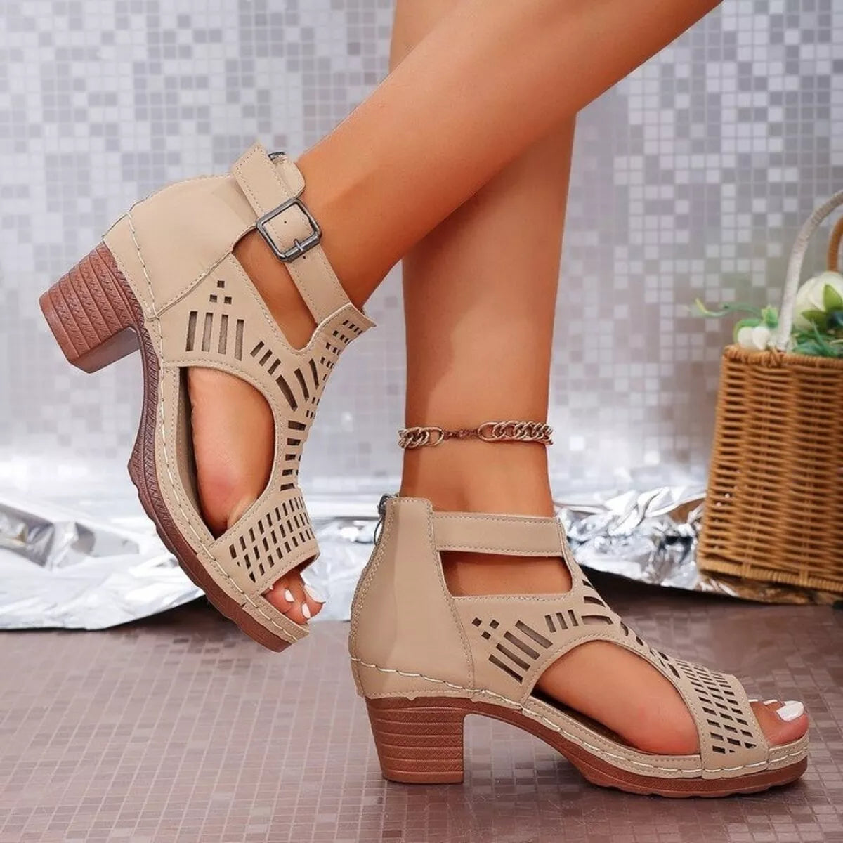 Open Toe Block Heels Sandals - Beige - View 7