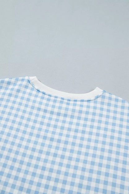 Gingham Long Sleeve Sweatshirt and Shorts Set - Light Blue - View 7
