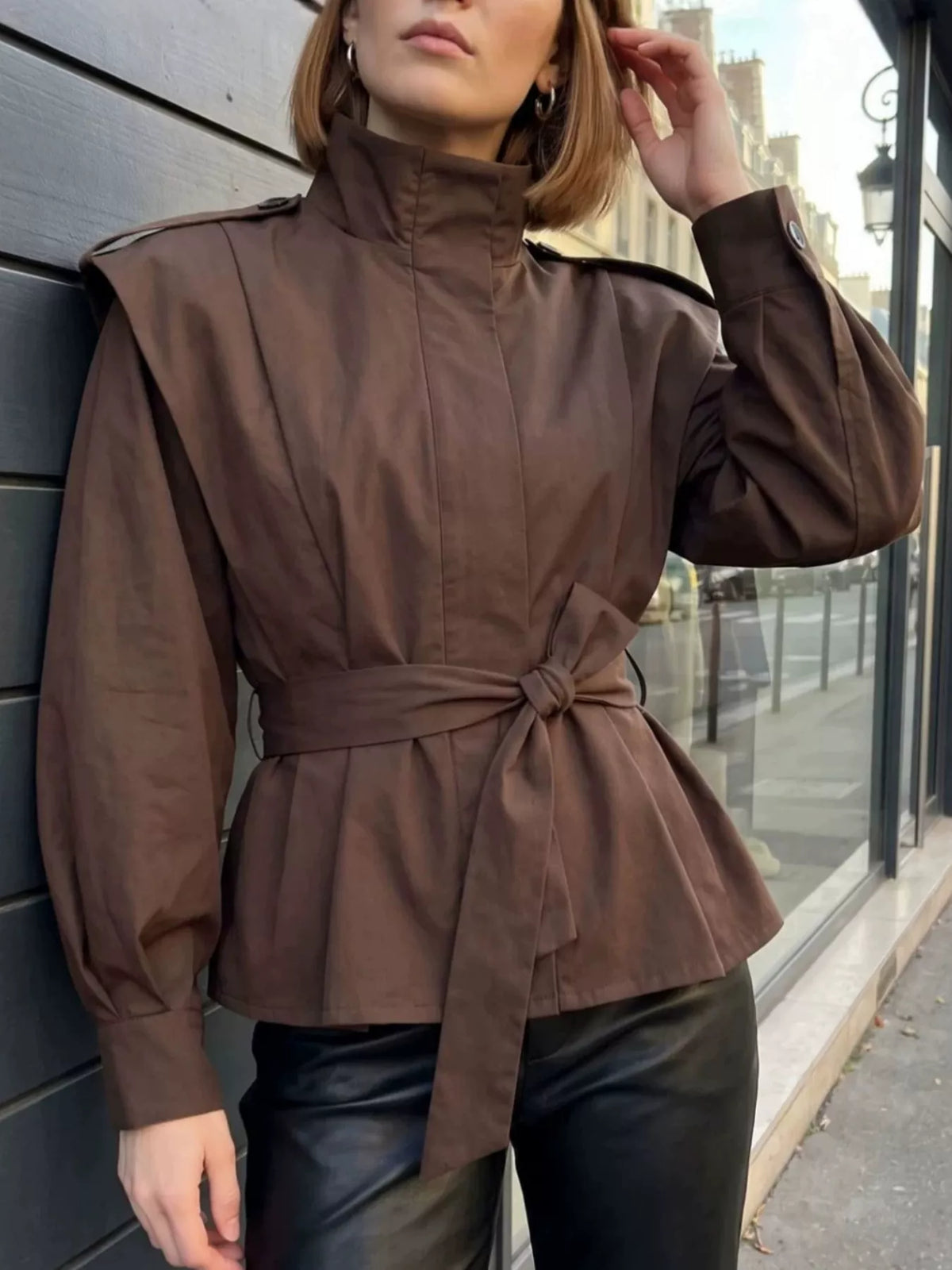 Stand-Collar Belted Outerwear - Brown - View 1