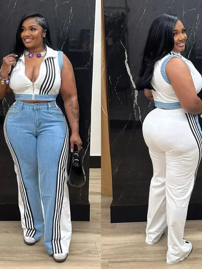 Zip Front Crop Top and Striped Pants Set - White - Styled Front and Rear Views