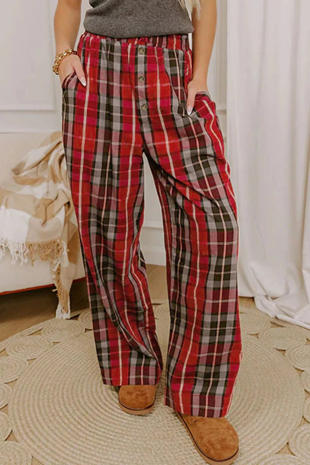 Plaid Elastic Waist Pocket Regular Full-Length Pants - Burgundy - View 3