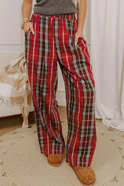 Plaid Elastic Waist Pocket Regular Full-Length Pants - Burgundy - View 3