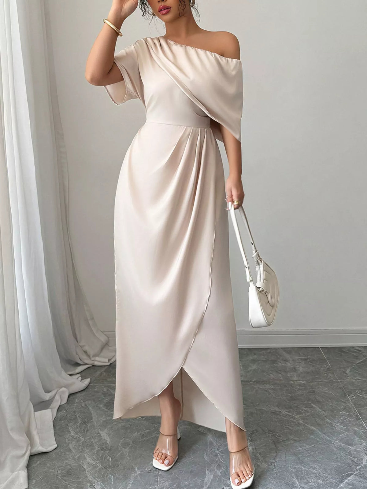 One-Shoulder Satin Maxi Dress - Champagne Color - View 1
