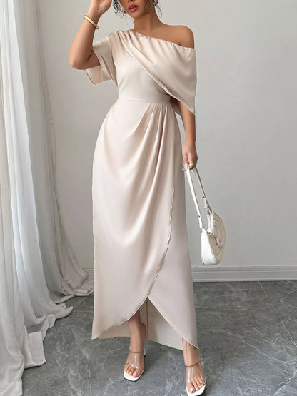 One-Shoulder Satin Maxi Dress - Champagne Color - View 1