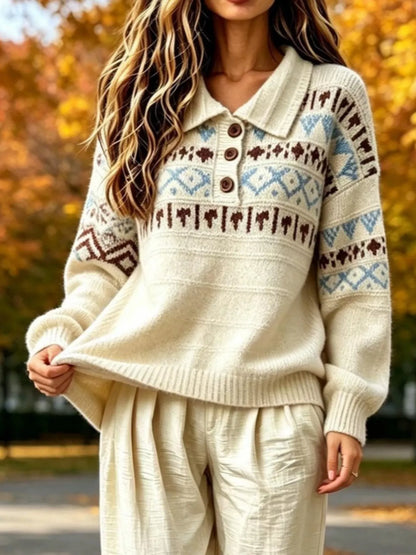 Full Size Vintage Fair Isle Pattern Polo Collar Sweater Plus Size - Beige - View 3