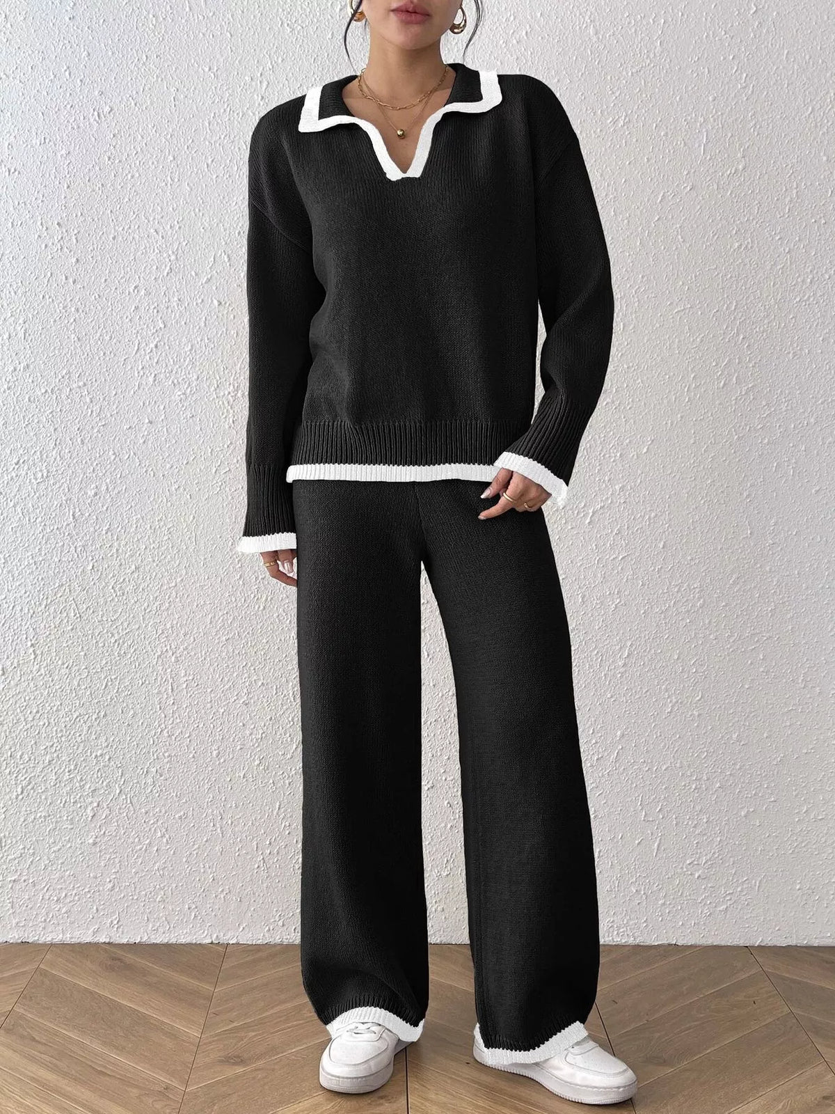 Contrast Trim Polo Collar Top and Pants Sweater Set - Black - View 1