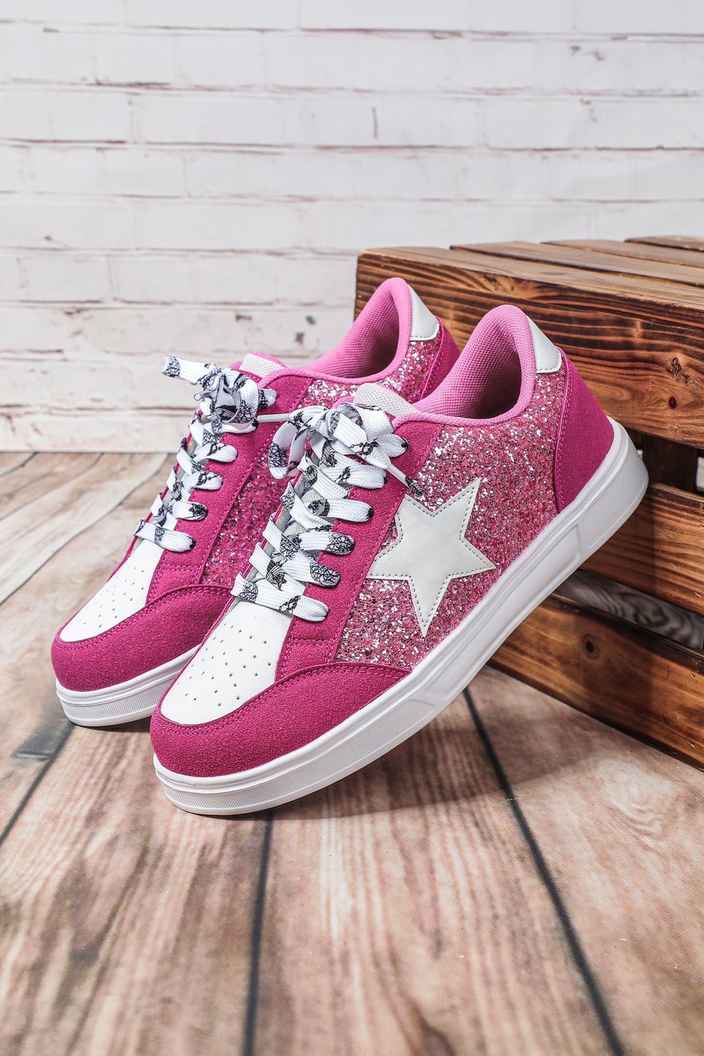 Black Stylish Color Block Glitter Star Patchwork Lace-up Flat Shoes