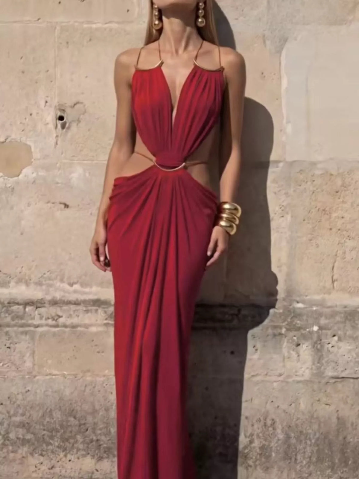 Backless Plunge Cut-Out Maxi Dress - Red - View 6