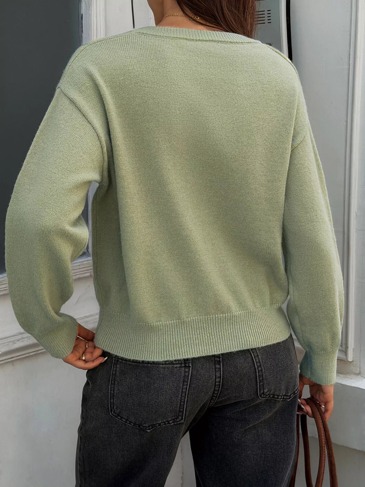 V-Neck Ribbed Hem Sweater - Green - View 4