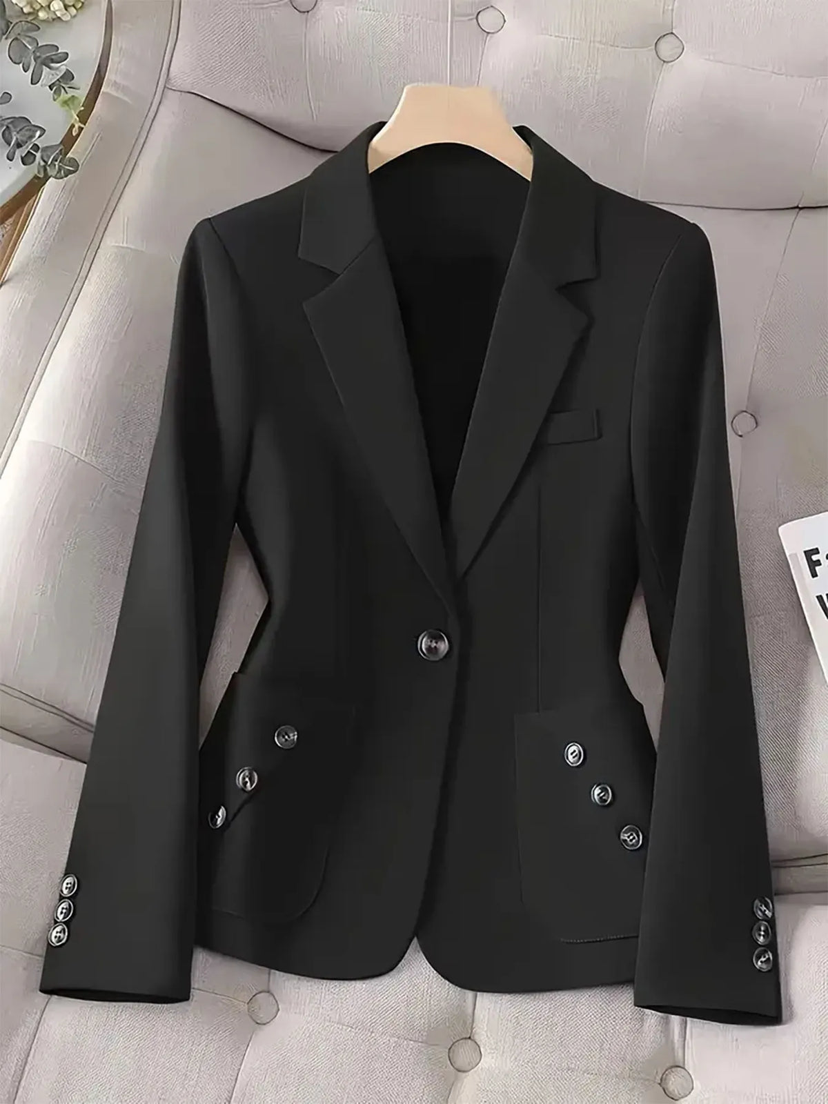 One-Button Blazer with Pockets - Black - View 5