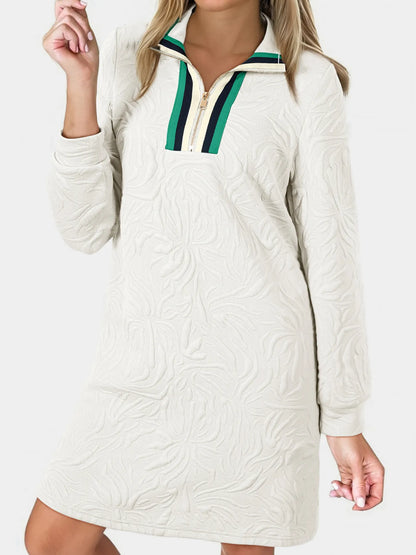 Jacquard Textured Quarter Zipper Shift Mini Dress - White - View 2