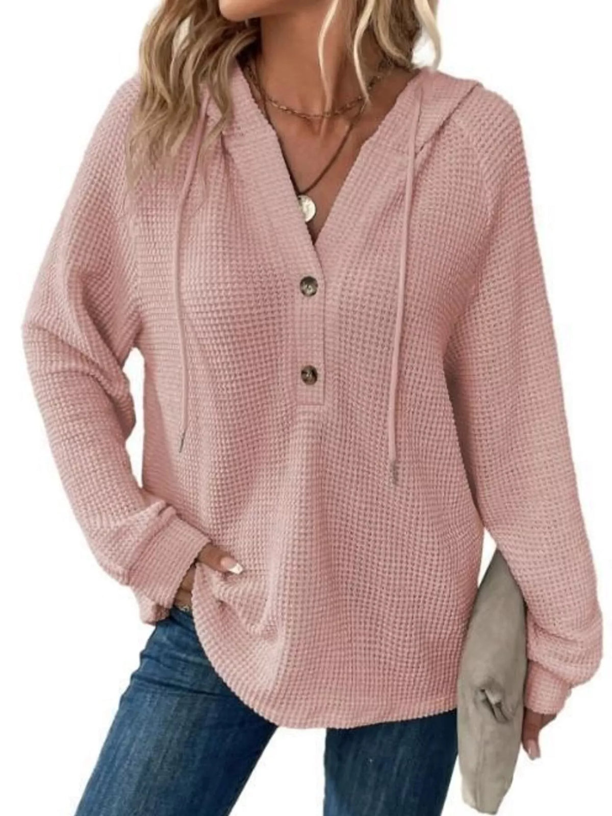 Full Size Waffle Knit Half-Button Hoodie Plus Size - Pink - View 15