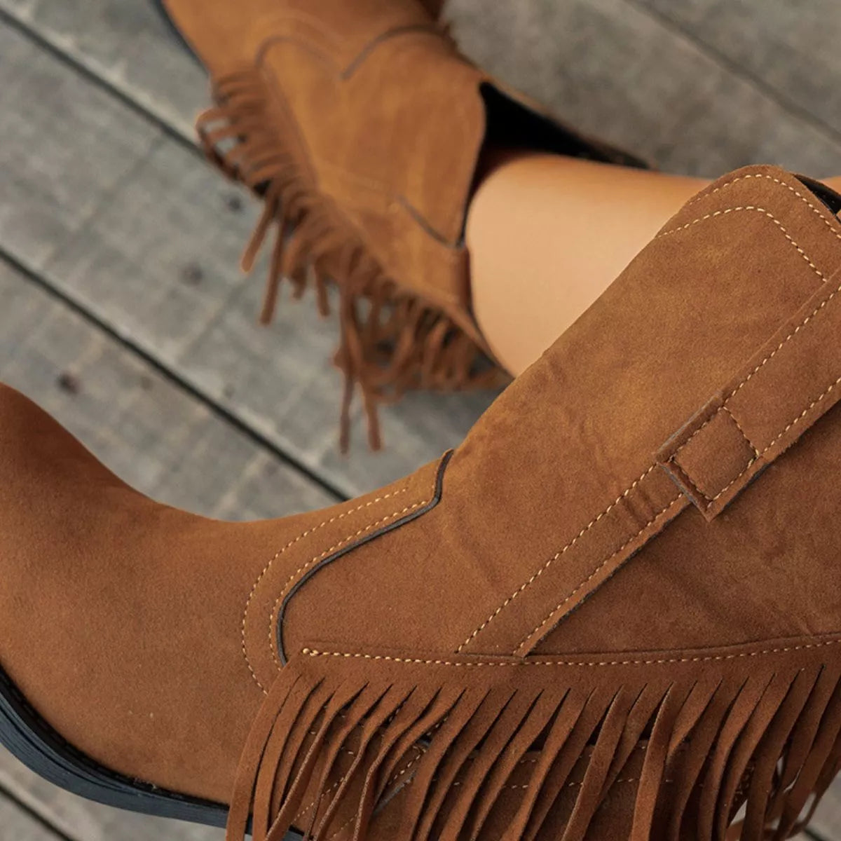 Fringe Block Heel Ankle Boots - Brown - View 4