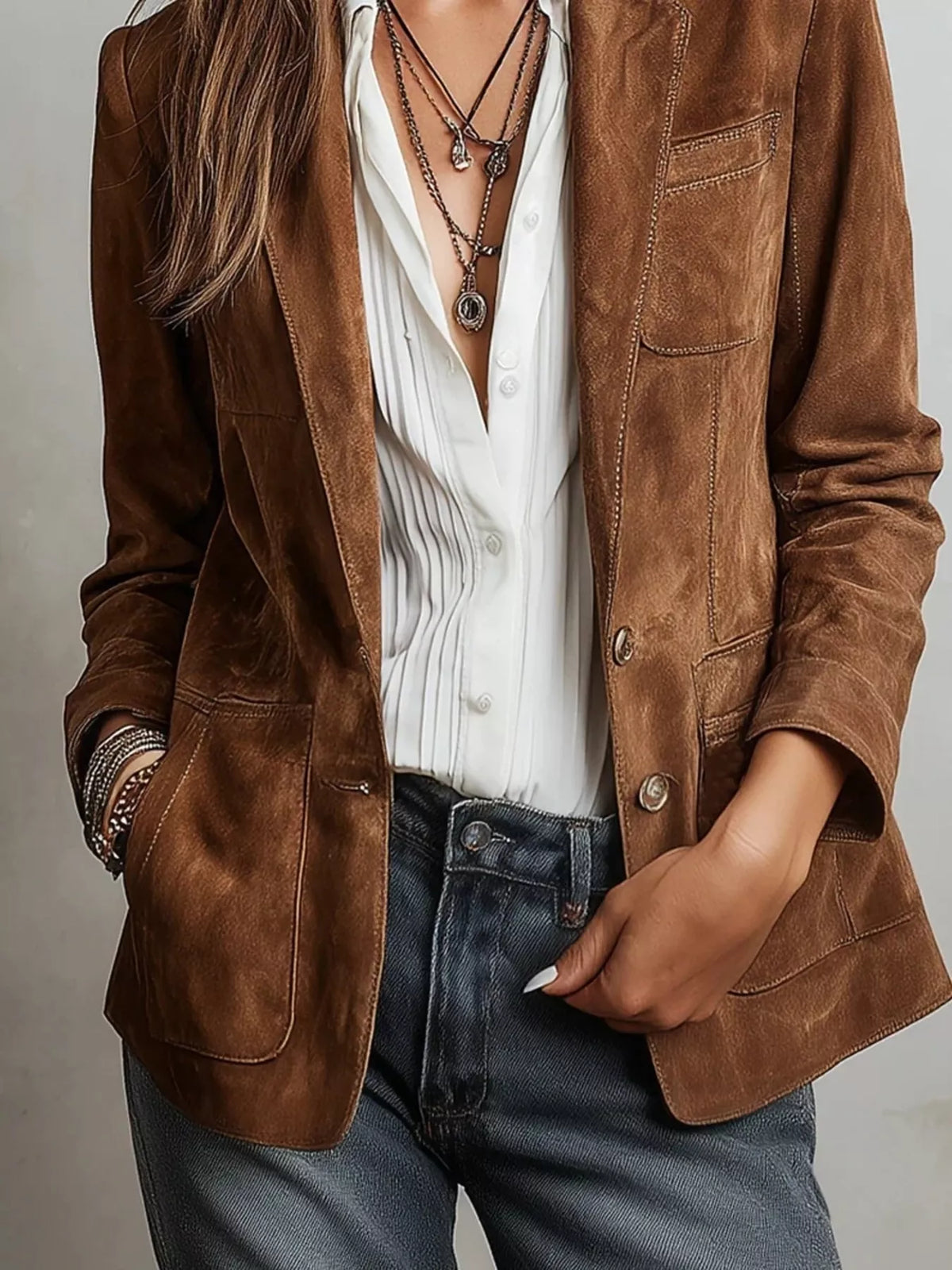 Full Size Lapel Collar Button Up Blazer Plus Size - Caramel - View 6