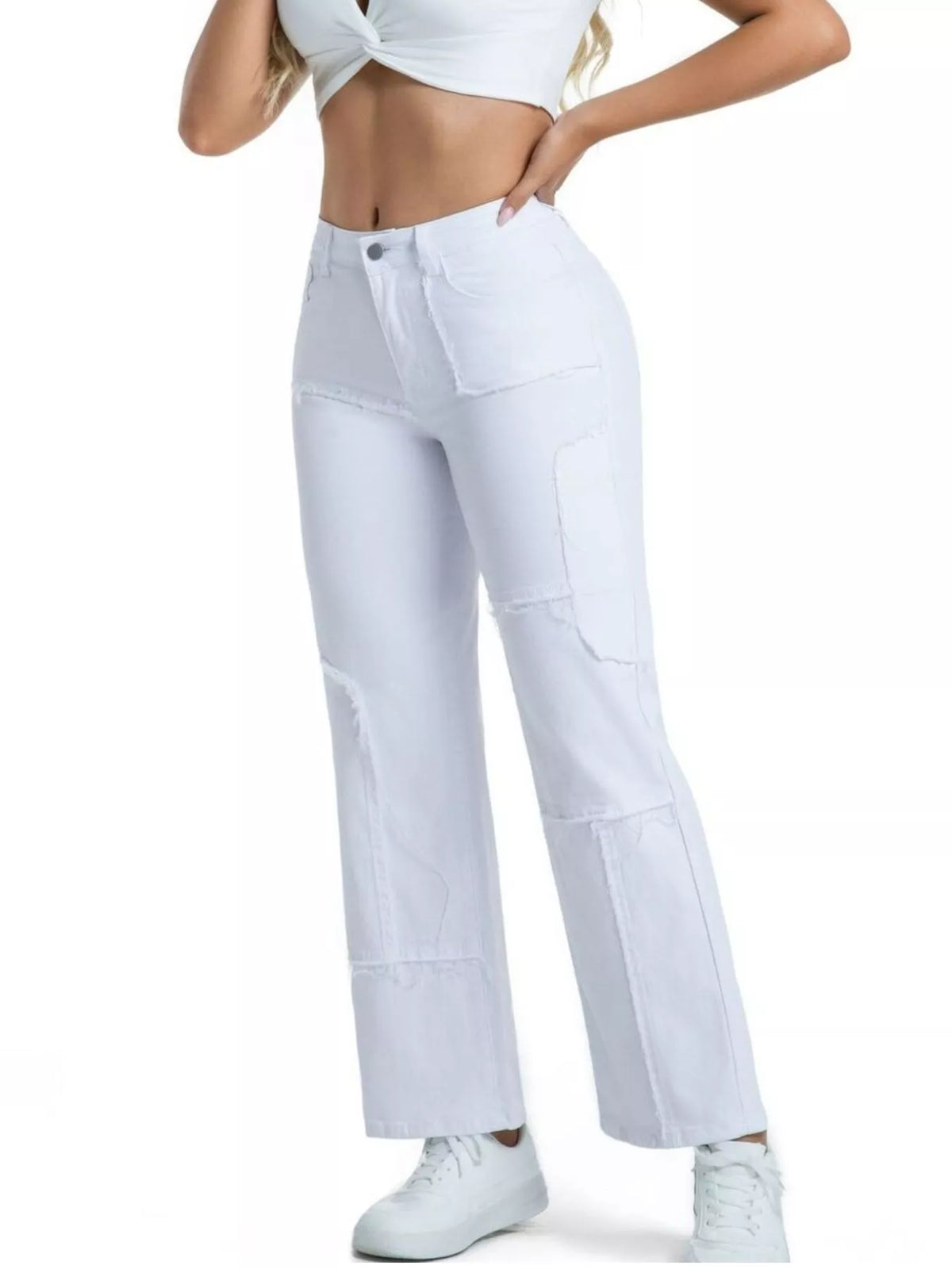 Frayed Edge Straight Leg Jeans - White - View 3