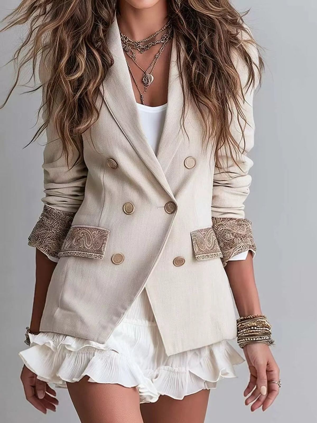Double-Breasted Lapel Collar Blazer - Cream - View 2