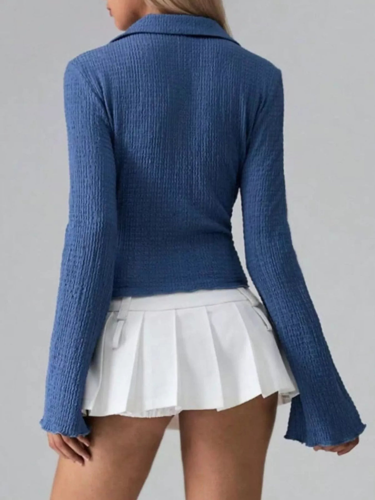 Button Up Flare Sleeve Shirt - Royal Blue - View 11
