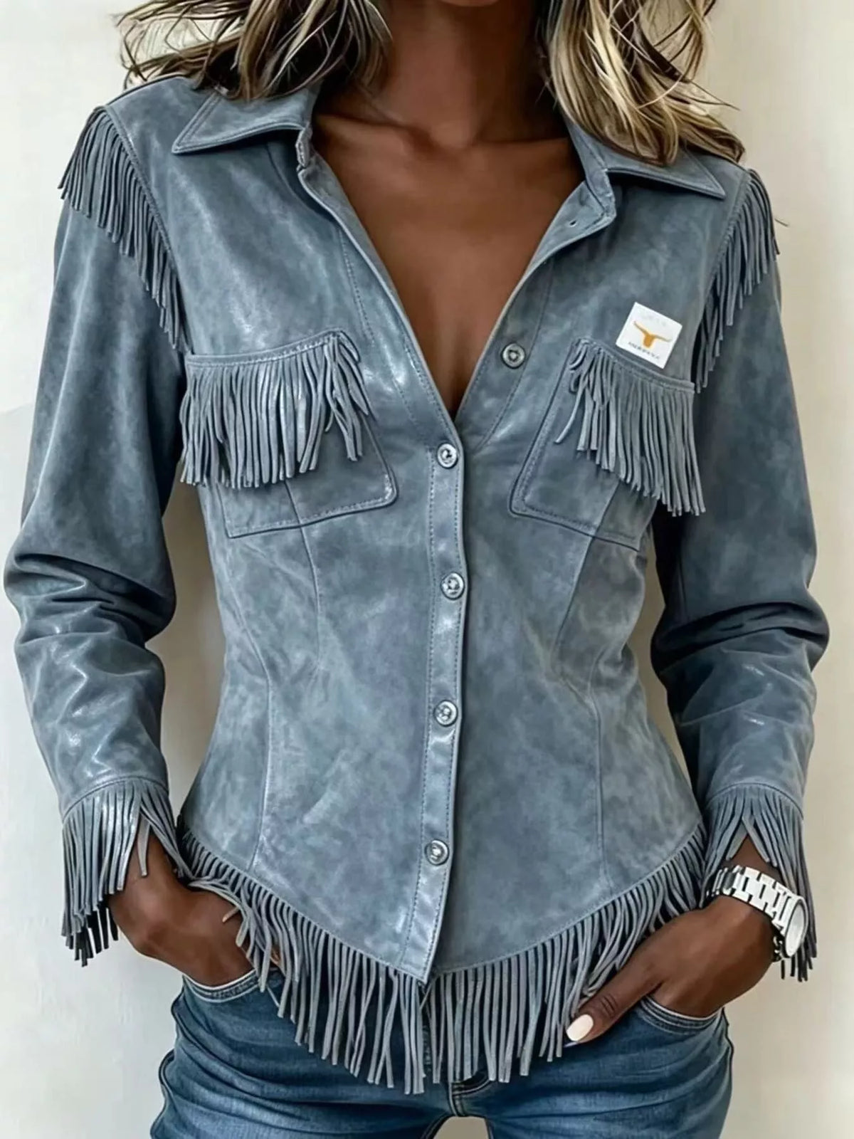 Full Size Fringed Snap Down Jacket Plus Size - Light Blue - View 1