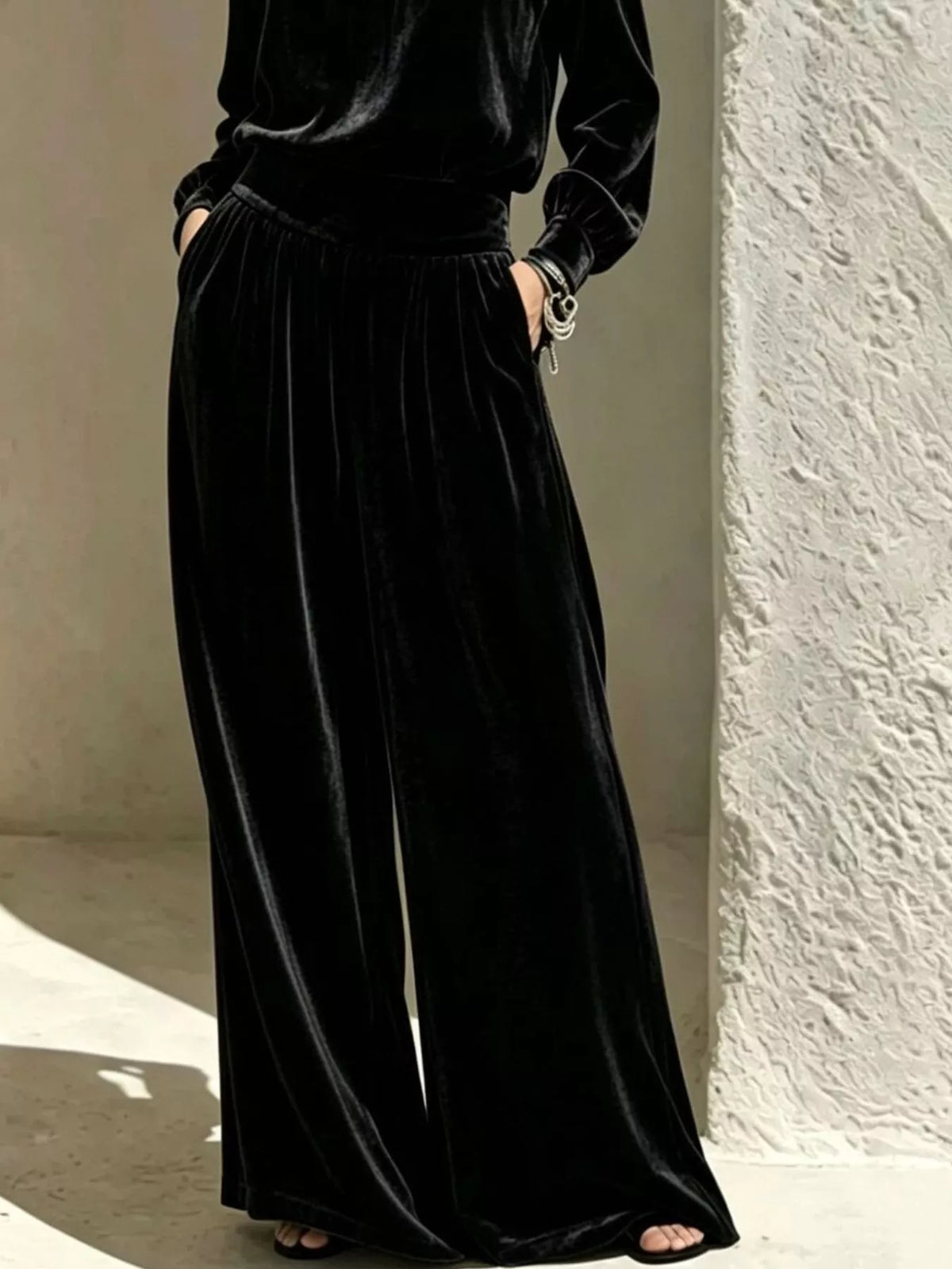 Velvet Mock Neck Long Sleeve Top and Wide-Leg Pants Set - Black - View 3