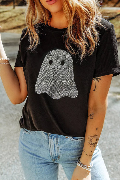 Full Size Rhinestone Ghost Round Neck T-Shirt Plus Size - Black - View 4