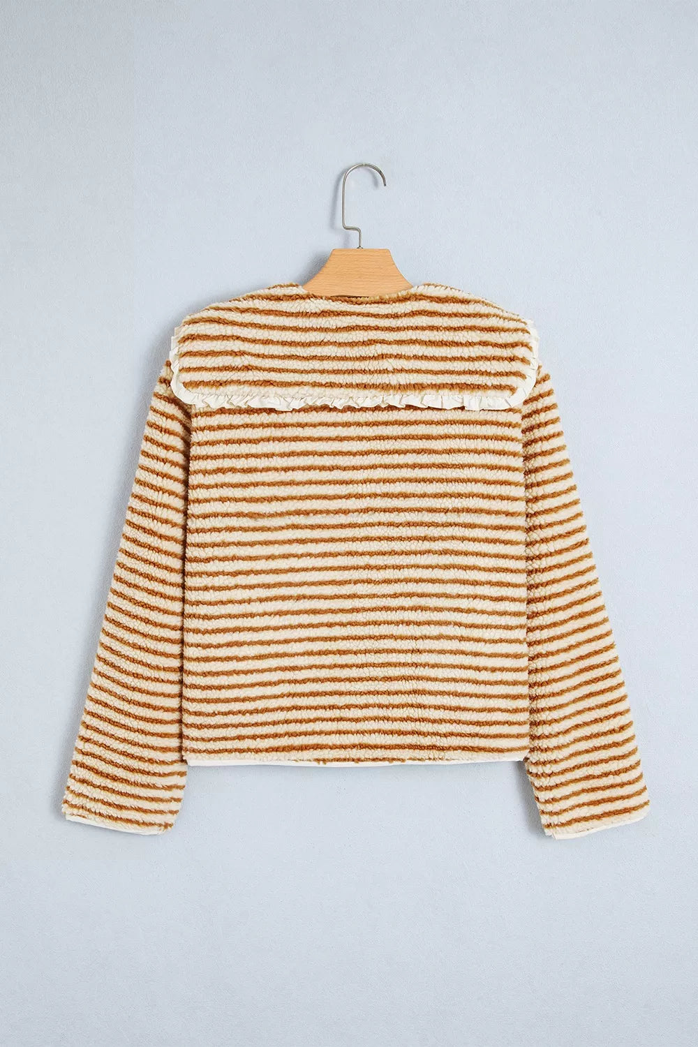Striped Fleece Button Front Long Sleeve Regular Fit Jacket - Tan - View 9