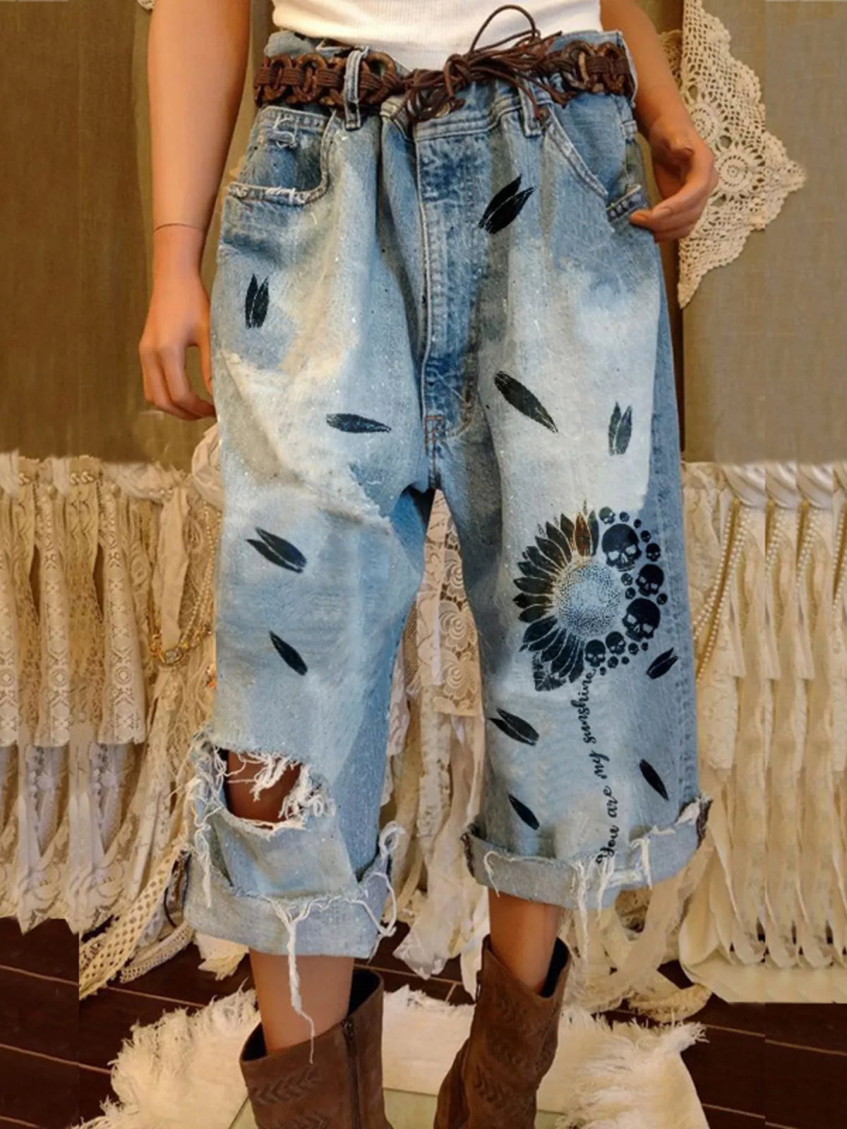 Full Size Distressed Skull Print Jeans Plus Size - Light Blue - View 1